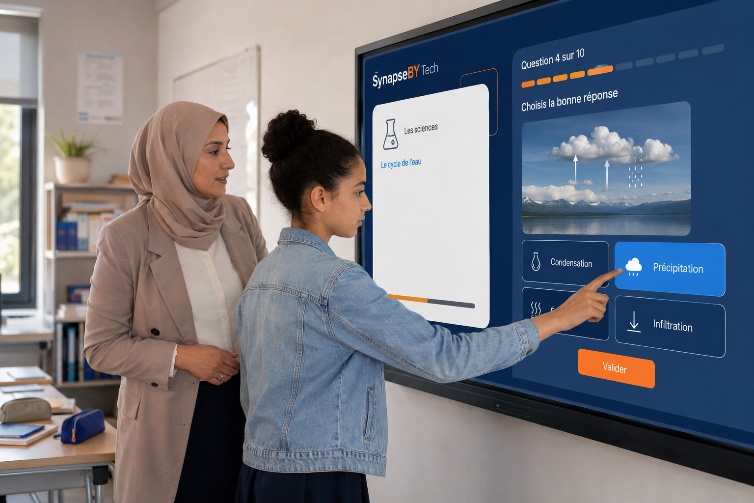 Élèves et enseignante utilisant des outils éducatifs numériques